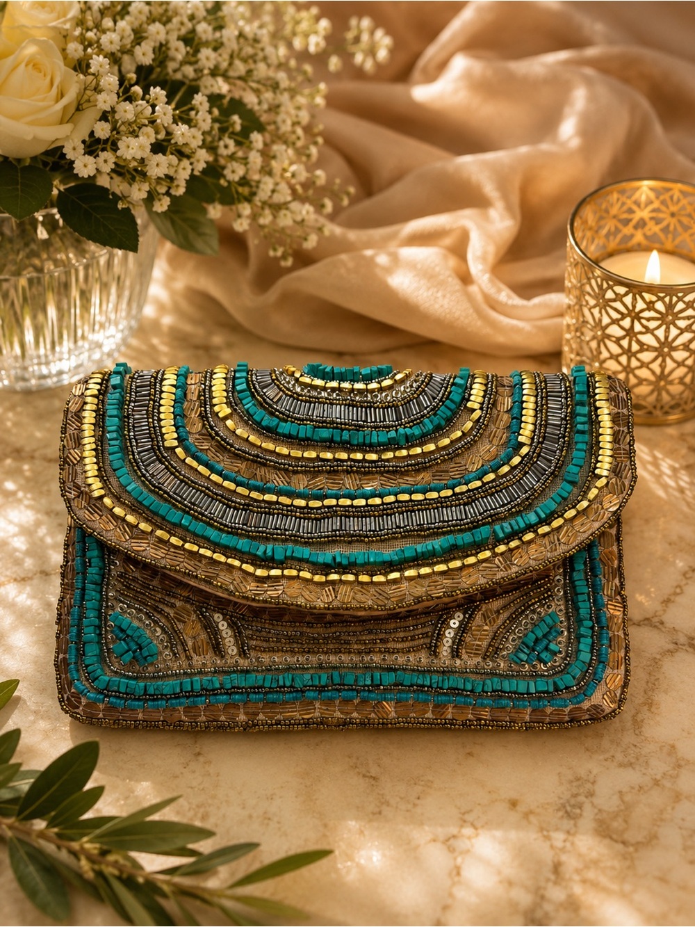 Antik Kraft Hand-Beaded Convertible Clutch Crossbody – Turquoise & Gold Boho